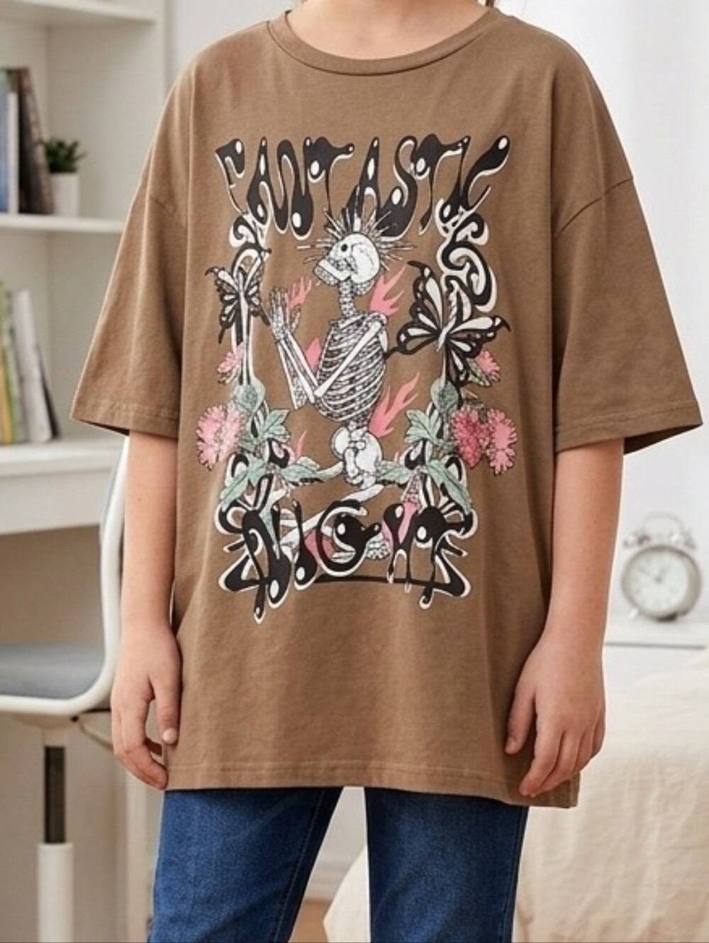 Girls' Brown Graphic Short Sleeve Tee with Floral & Skeleton Art